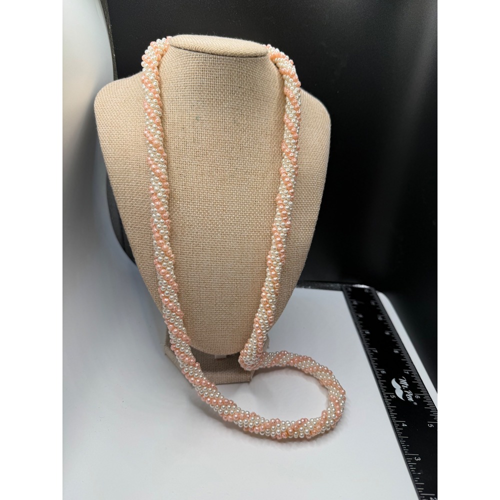 Vintage Pink and White Faux Pearl Twisted Rope Necklace Long Spiral Bead Strand